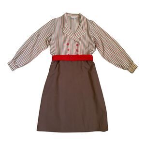 Vintage 70s Dress Womens 14 P Brown Striped Belted Shirtdress 80s Retro Sears